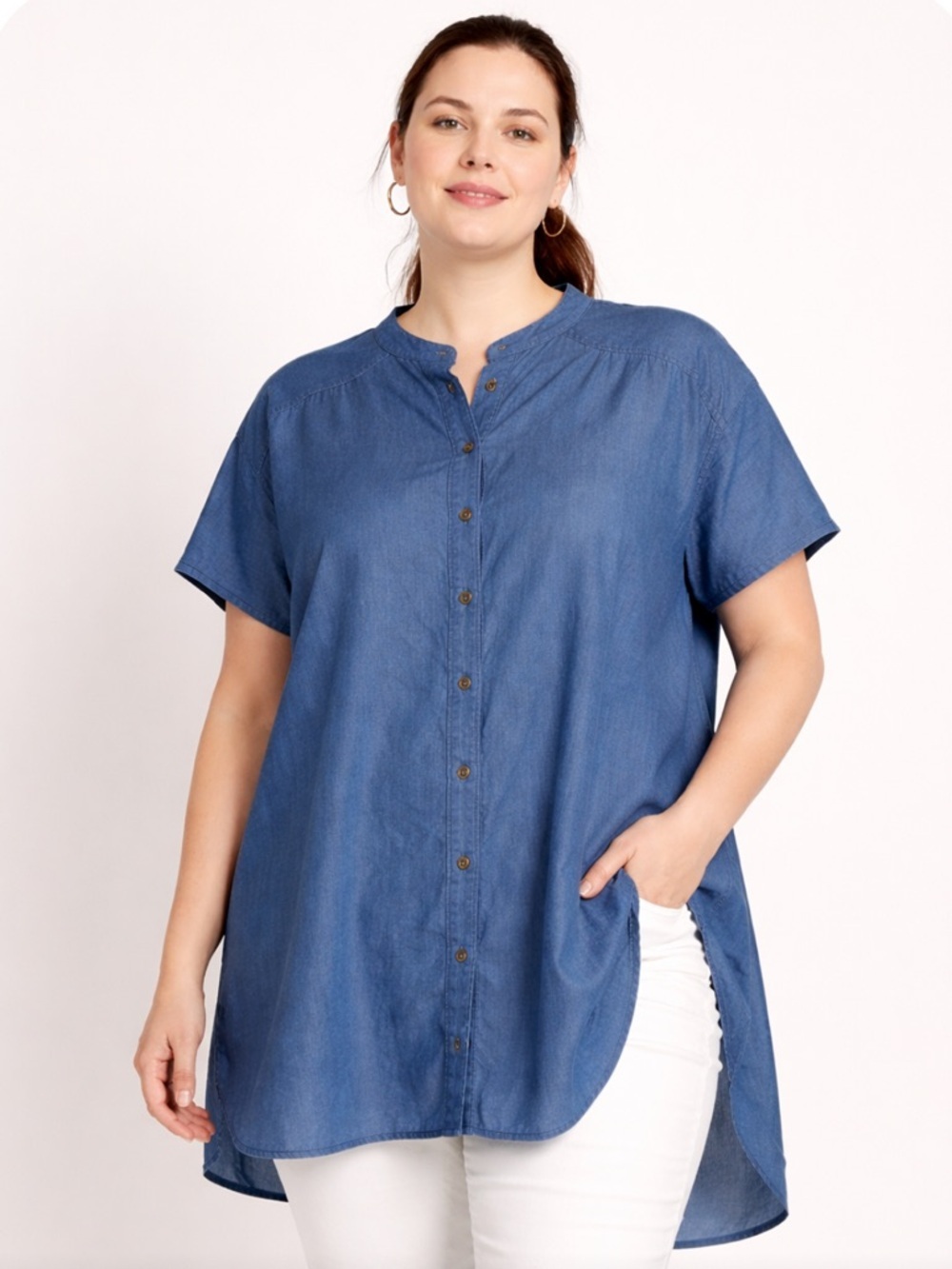 Universal Standard Perfect Tencel Short Sleeve Button Front Top Blue Size Large